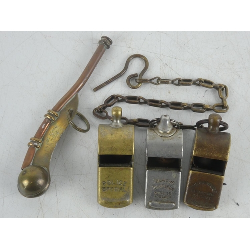 232 - Three vintage metal whistles 'Police Special', 'The ACME Thunderer' and 'This Thunderer' and another... 