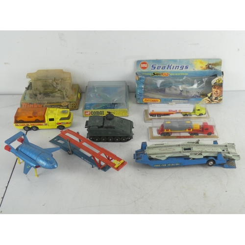 251 - Two boxed Majorette toy lorries, a vintage boxed Corgi aircraft, a vintage boxed Matchbox Seakings b... 