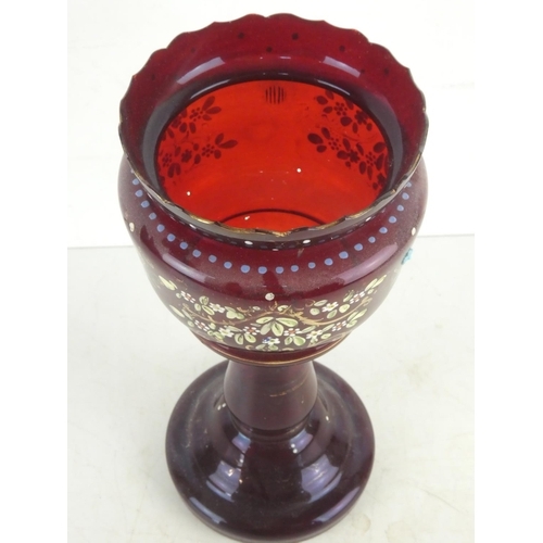 63 - An antique ruby glass pedestal planter with hand painted detail.