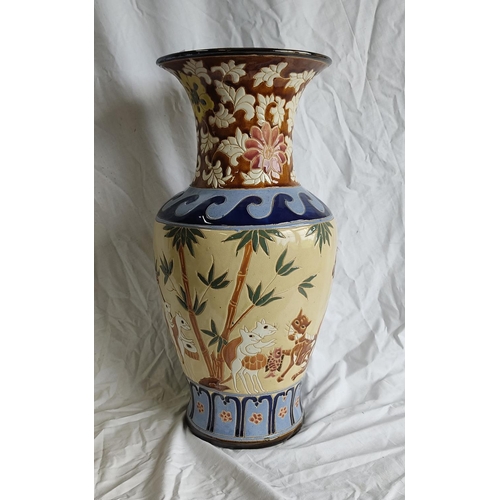 431 - A stunning large glazed vase with cat and mice decoration with repair.