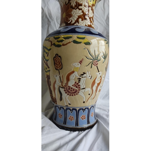 431 - A stunning large glazed vase with cat and mice decoration with repair.