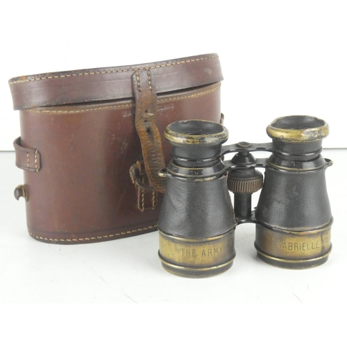 25 - A vintage leather cased pair of binoculars 'The Army - Gabrielle Paris'.