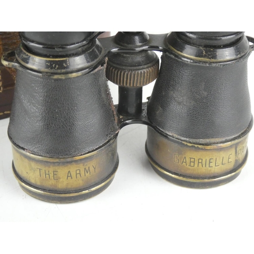 25 - A vintage leather cased pair of binoculars 'The Army - Gabrielle Paris'.