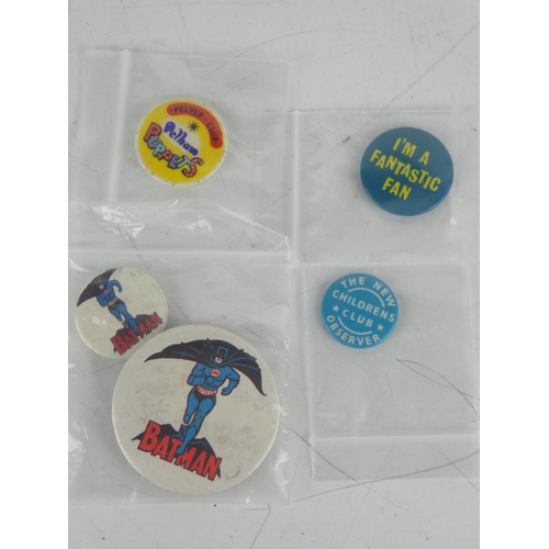 28 - A collection of vintage badges including two 1966 Lone Star Batman badges, a Pelham Puppets Pelpup C... 