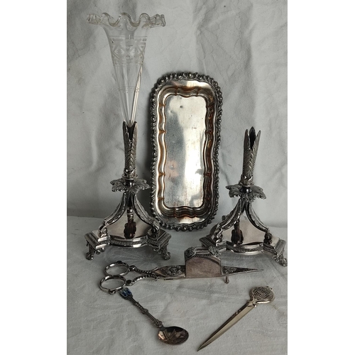 64 - An antique silver plated ornate stand with etched glass epergne and other plated ware.