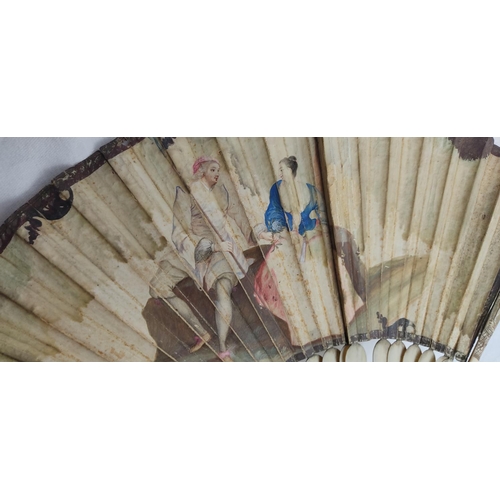 84 - A stunning early 18th Century hand fan, with beautiful hand painted leaf & carved bone segments and ... 