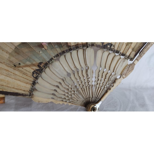 84 - A stunning early 18th Century hand fan, with beautiful hand painted leaf & carved bone segments and ... 