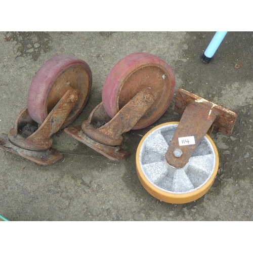 114 - Three large vintage industrial castors.