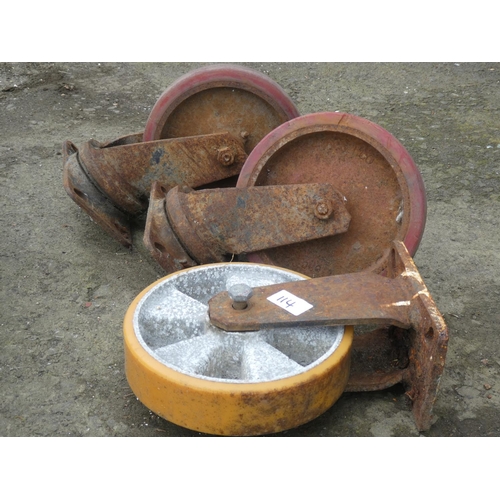 114 - Three large vintage industrial castors.