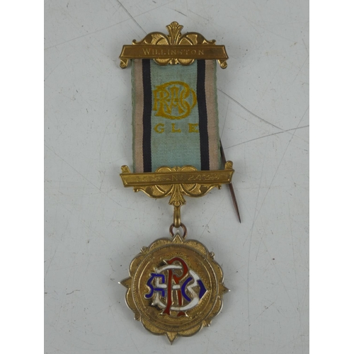 139 - A Sterling silver Masonic medal and ribbon presented to Bro A Robinson K.O.M. - Willington - Lodge n... 