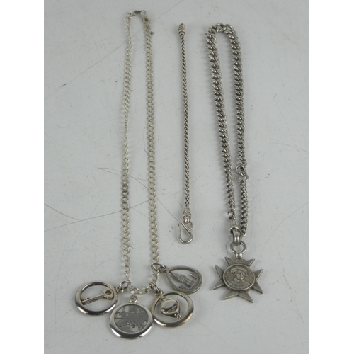 164 - A Sterling silver chain and fob,  Sterling silver chain with four plated pendants and  Sterling silv... 