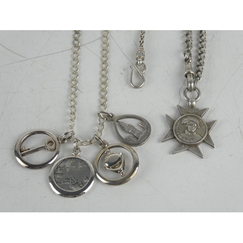 164 - A Sterling silver chain and fob,  Sterling silver chain with four plated pendants and  Sterling silv... 