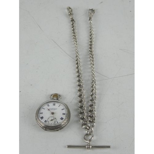 169 - A Sterling silver pocket watch by R McDowell & Co, Belfast and Sterling silver chain with t-bar.