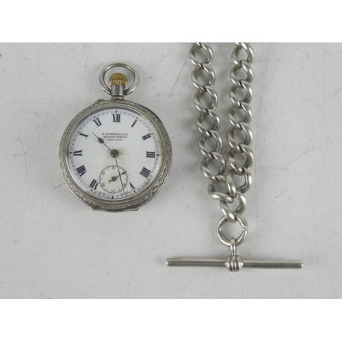 169 - A Sterling silver pocket watch by R McDowell & Co, Belfast and Sterling silver chain with t-bar.