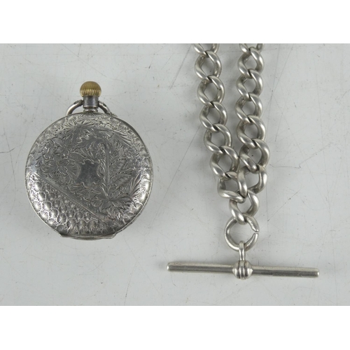 169 - A Sterling silver pocket watch by R McDowell & Co, Belfast and Sterling silver chain with t-bar.