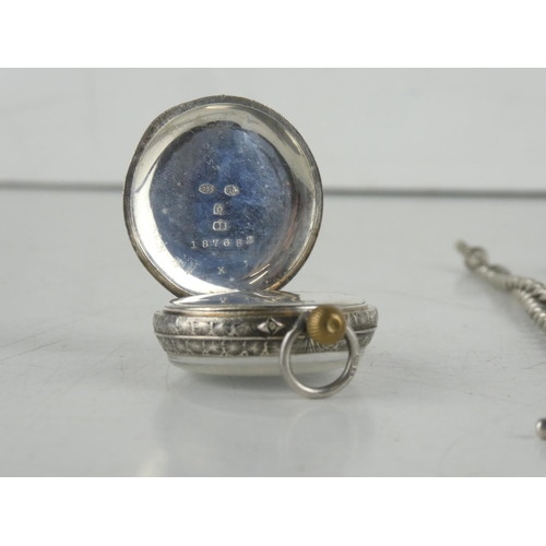 169 - A Sterling silver pocket watch by R McDowell & Co, Belfast and Sterling silver chain with t-bar.