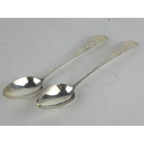 181 - A pair of antique Irish silver serving spoons by maker John Power, Dublin 1793, measures 25cm.