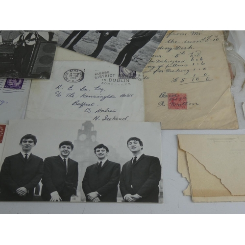 250 - A collection of vintage postcards of The Beatles, The Rolling Stone, used postage stamps, bank notes... 