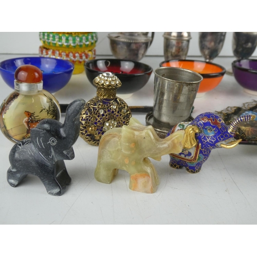 260 - A collection of miniature elephants, perfume bottles etc. and a lot of plated ware to include two Ra... 