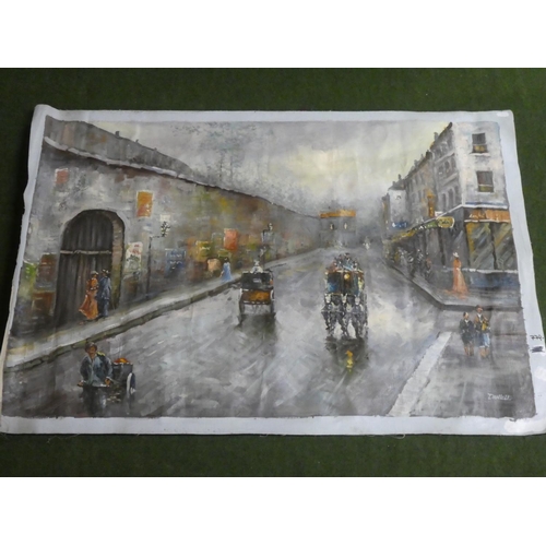 335 - An original oil on canvas painting of a street scene, signed by the artist.