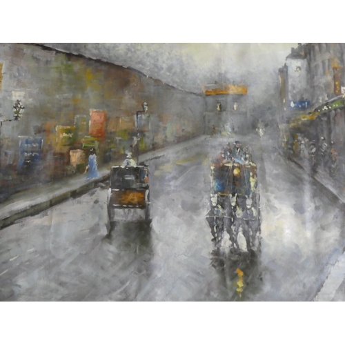 335 - An original oil on canvas painting of a street scene, signed by the artist.