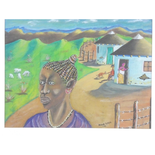 372 - An original framed painting of an African farming scene.