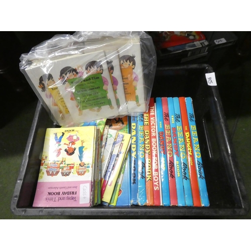 506 - A lot of vintage Topsy and Tim children's books, Beano, Dandy annuals and more.