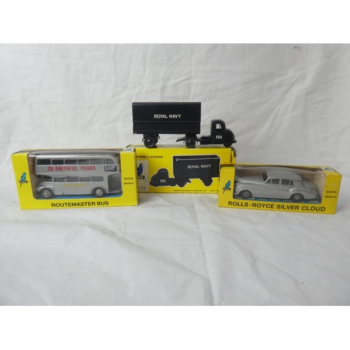 101 - Three boxed Budgie die-cast model vehicles - Rolls Royce silver cloud, Routemaster bus and Royal Nav... 