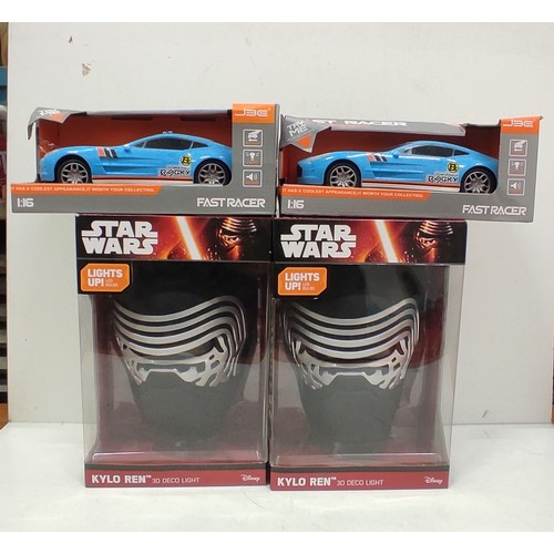 20 - 2 boxed Star Wars Kylo Ren 3D effect lights & 2 boxed Fast Racer cars.