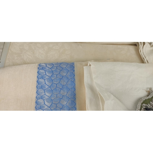 43 - 6 large damask linen table cloths and other linen napkins including a Victorian Beaded pocket.