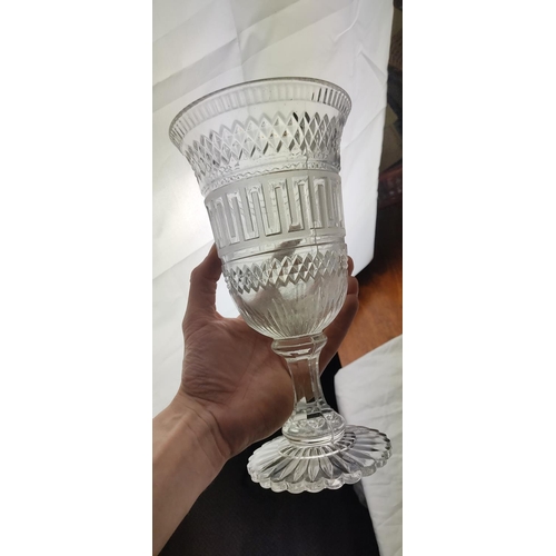 72 - A Victorian etched glass pedestal vase. 26cm tall.