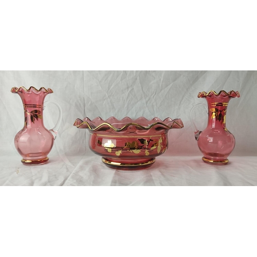 81 - Three pieces of Ruby glass with gilt detail.