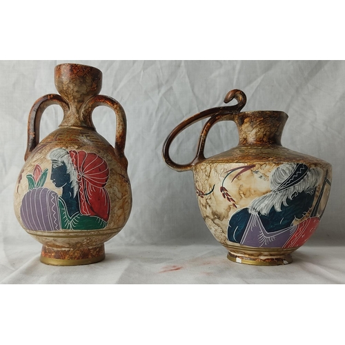 82 - Two pieces of clay pottery with Egyptian style design.