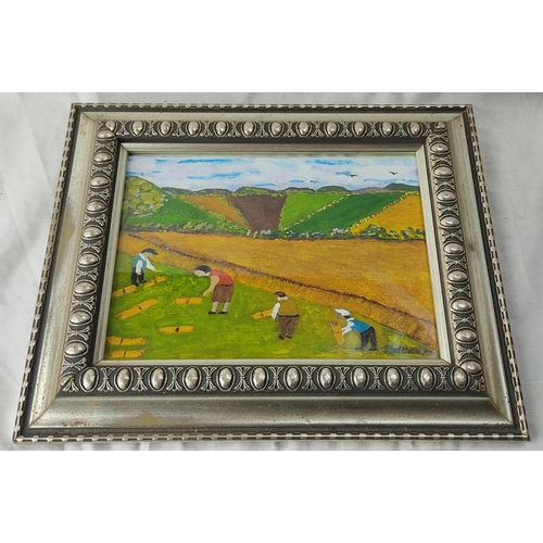 96 - A small framed painting 'Bringing in the Hay' signed J Stewart.