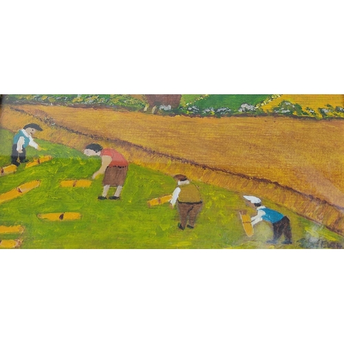 96 - A small framed painting 'Bringing in the Hay' signed J Stewart.