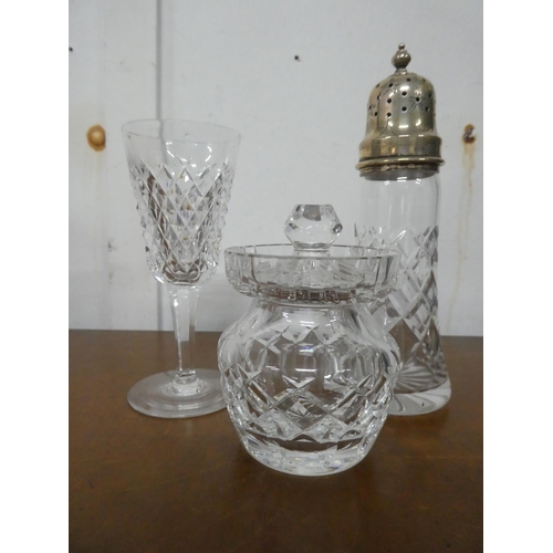 221 - A Waterford Crystal preserve pot, crystal sugar caster & sherry glass.