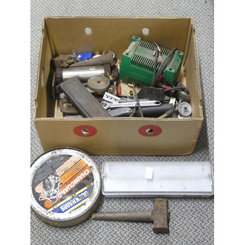 475 - A box of assorted tools to include Chubb padlock, sharpening stone, outside light and more.