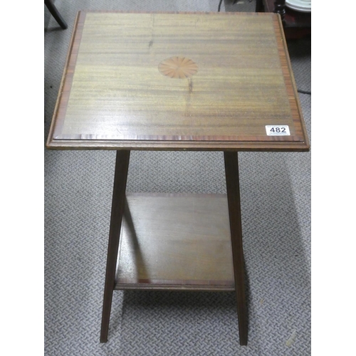 482 - An inlaid mahogany square topped table with undershelf. 44x43x69cm.