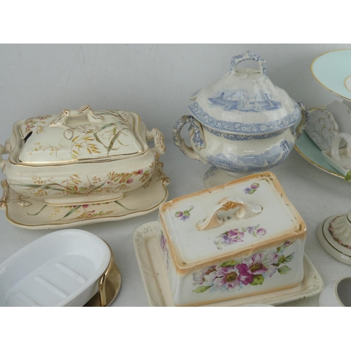 492 - An antique Grange B M & T ceramic lidded tureen and matching platter, an antique cruet set, a pair o... 