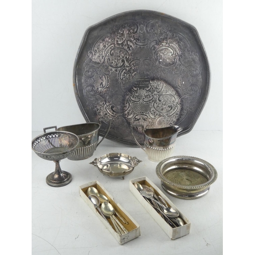 495 - A vintage silver plated serving tray, a set of six silver plated Apostle spoons and more.