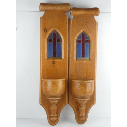 502 - A pair of Religious wall brackets with stained glass detail. 65x16cm.