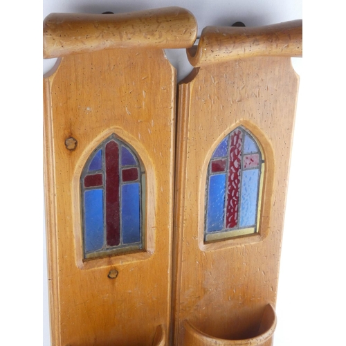 502 - A pair of Religious wall brackets with stained glass detail. 65x16cm.