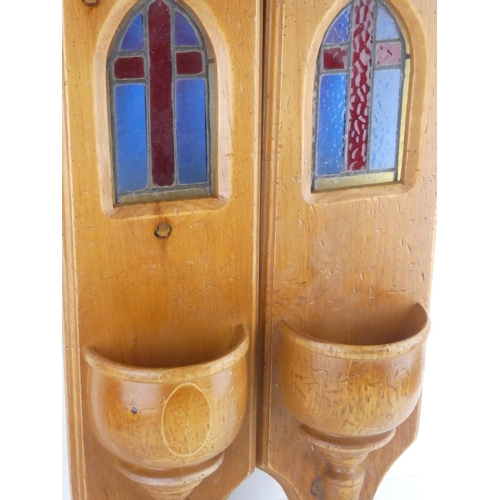 502 - A pair of Religious wall brackets with stained glass detail. 65x16cm.