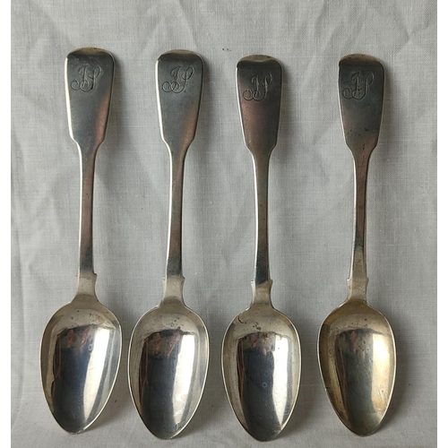 205 - A set of four antique Irish silver teaspoons by maker William Cummins, Dublin 1835.