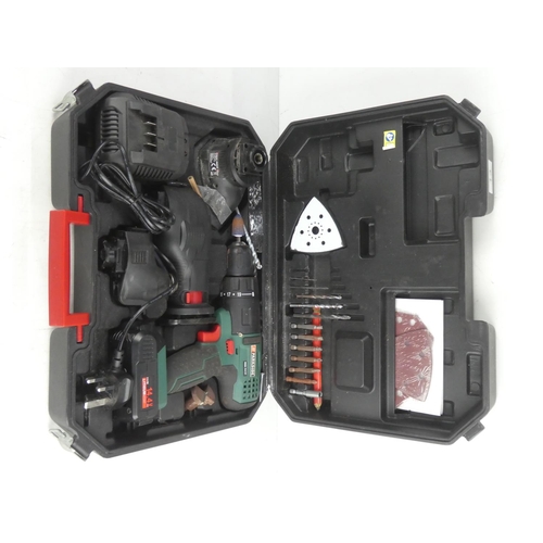 13 - A cased cordless Parkside drill with accessories.