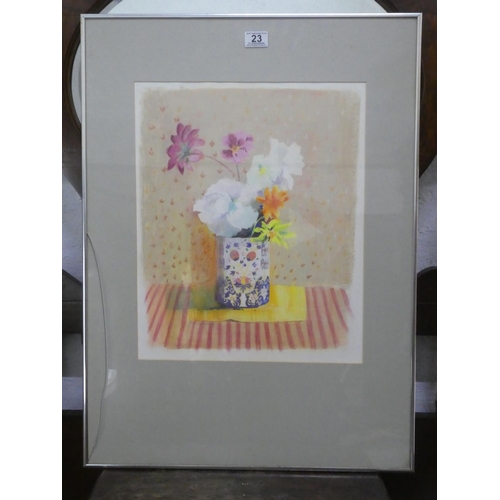 23 - A stunning framed watercolour of flowers in a vase signed Jean Duncan (glass a/f), measuring 77cm x ... 