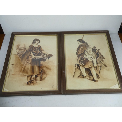 8 - A pair of framed drawings of a kitchen maid and peasant, signed R McC.