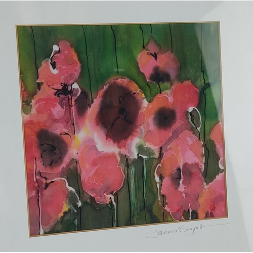 113 - A stunning hand painted silk panel of poppies by artist Joanna Smyrell.