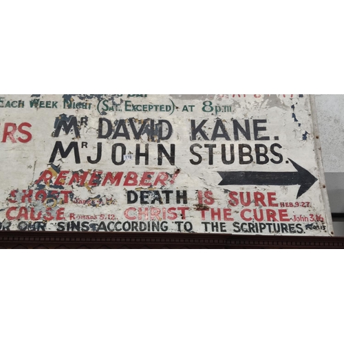 119 - An extremely large vintage hand painted sign 'Special Gospel Meetings' Speaker Mr David Kane & Mr Jo... 
