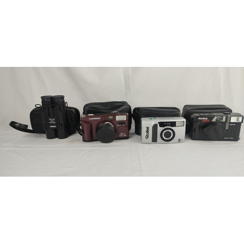 123 - Three vintage cameras - Rollei, Hanimx and Konica and a pair of Starlux field glasses.